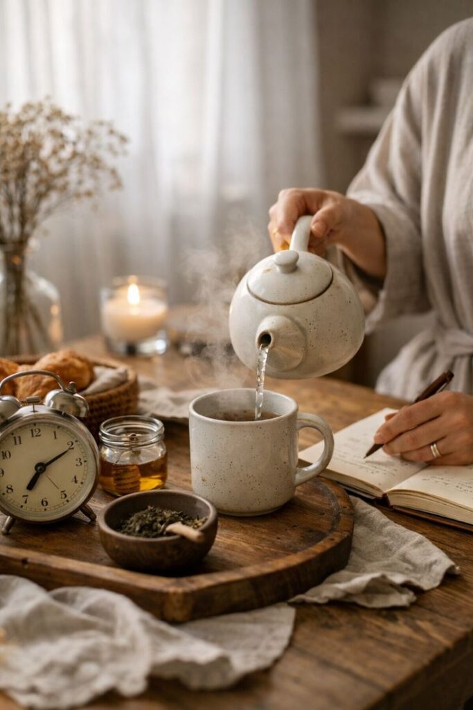 Yūgen Tea Atelier ritual moment featuring tea being poured into a cup in a calm, intimate setting.