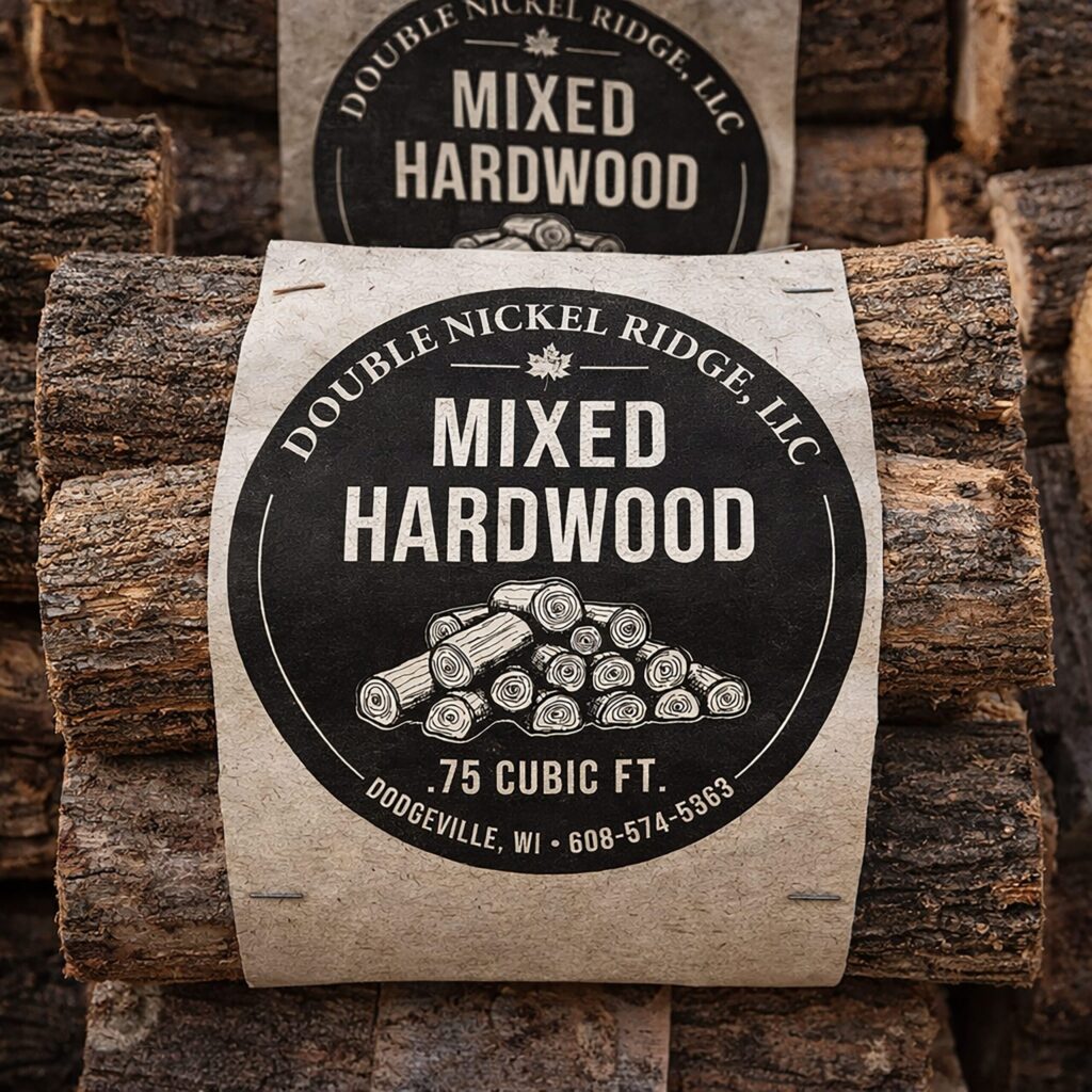 Postcard-style label design for Double Nickel Ridge mixed hardwood bundles displayed on stacked firewood.