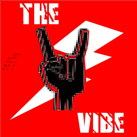 Bold graphic design with a hand making a rock gesture and lightning bolt on a red background with the words “The Vibe