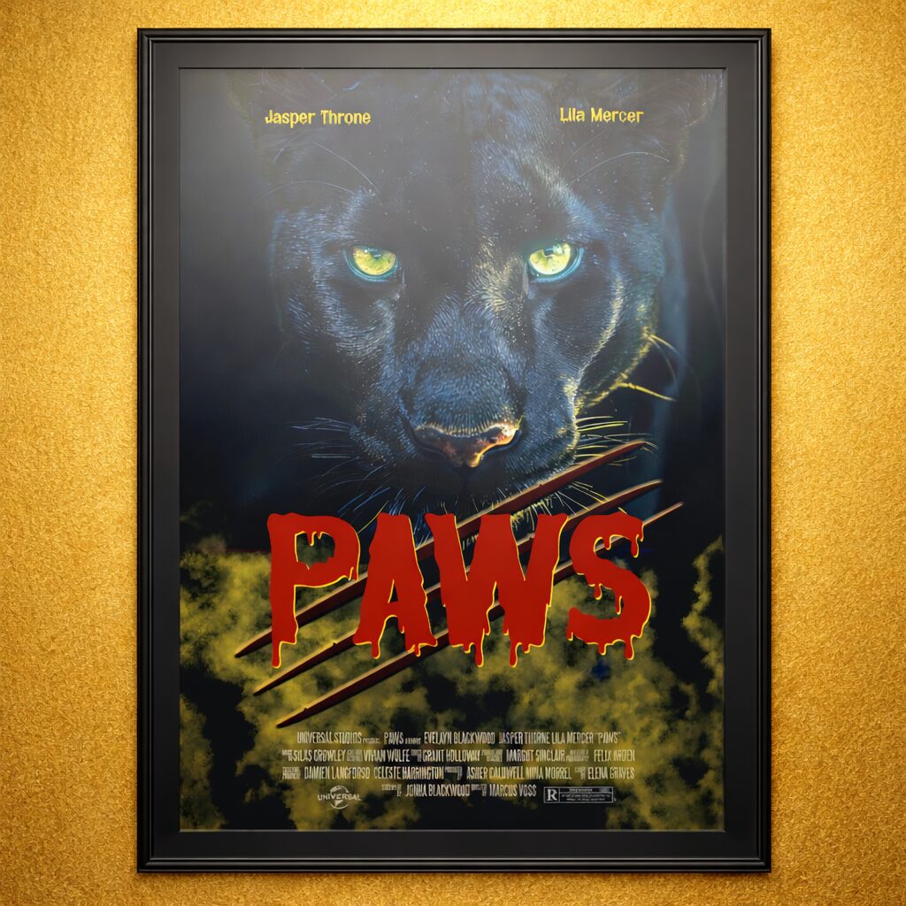 Film poster design featuring a black panther with glowing eyes and bold “PAWS” typography