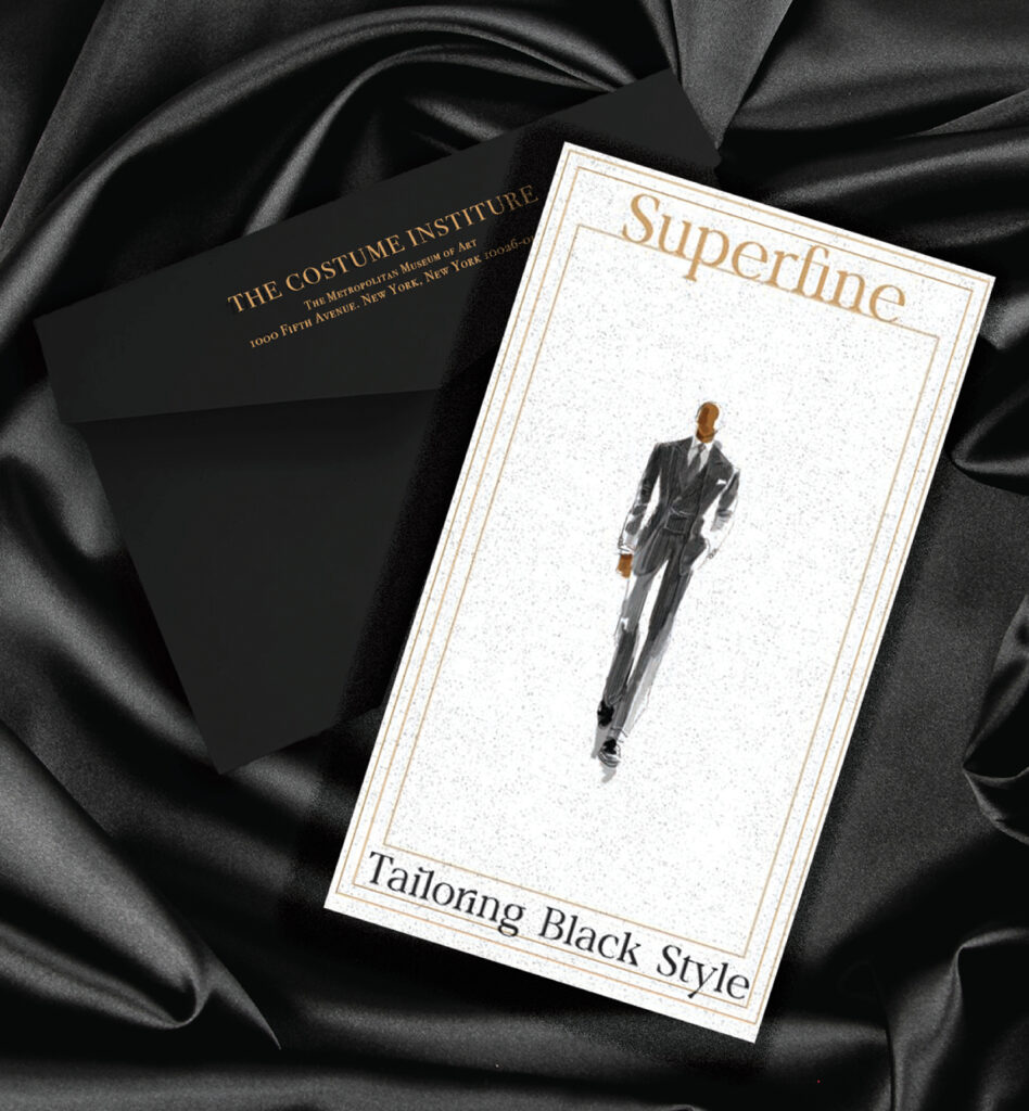 Elegant Met Gala invitation design with gold typography and tailored suit illustration on a black satin background