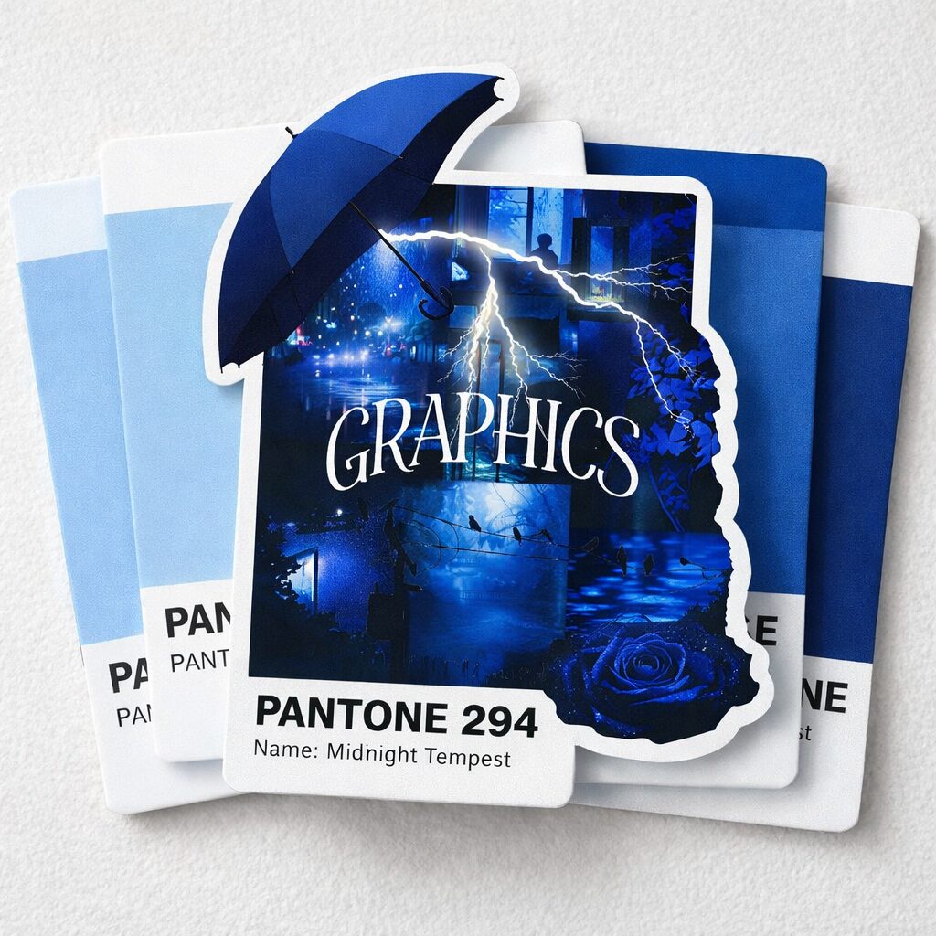 Umbrella-shaped graphic design over Pantone color cards featuring a blue-toned lightning scene