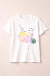 White T-shirt featuring a watercolor ballerina illustration with soft, colorful brush strokes