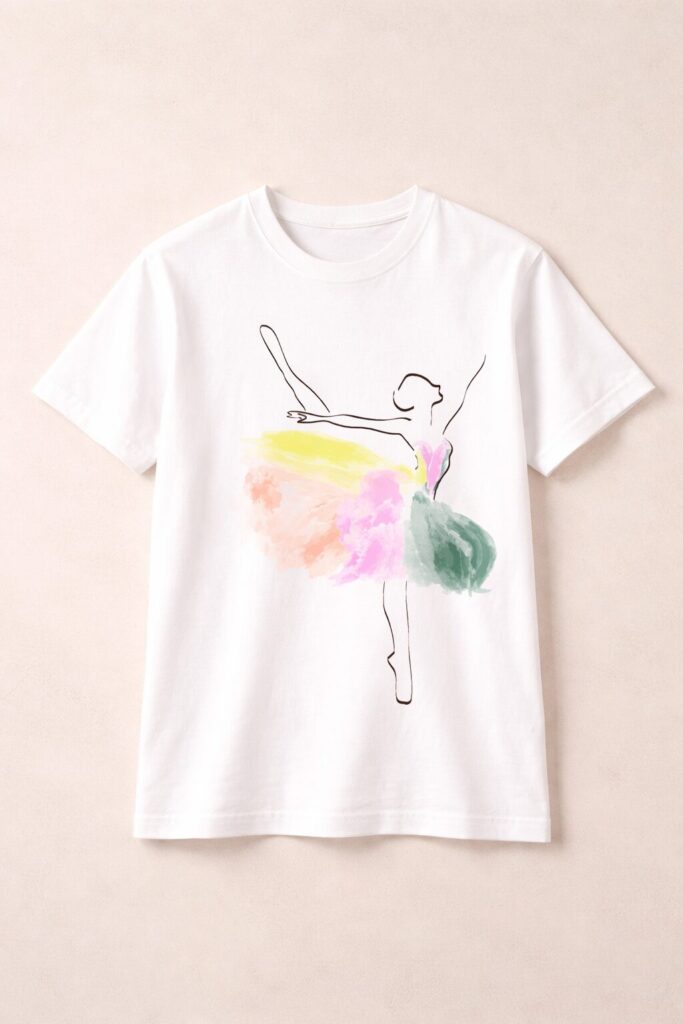White T-shirt featuring a watercolor ballerina illustration with soft, colorful brush strokes