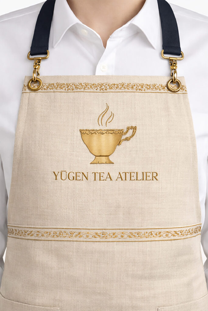 Branded apron design for Yūgen Tea Atelier featuring embroidered logo and gold detailing on a neutral fabric.