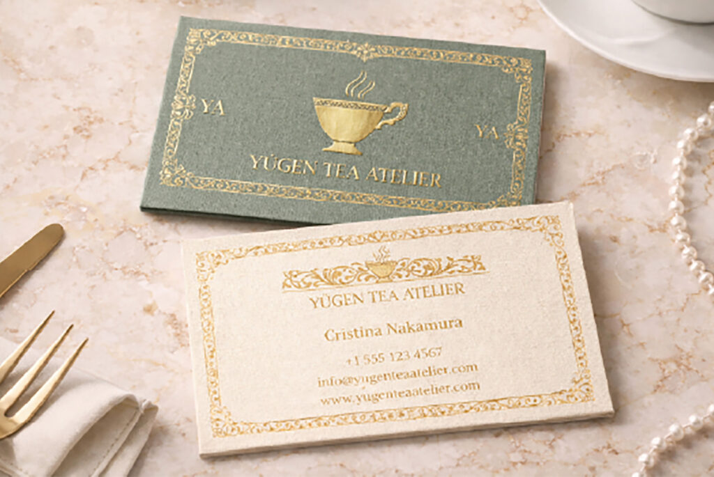 Business card design for Yūgen Tea Atelier featuring elegant typography and gold detailing on textured paper.