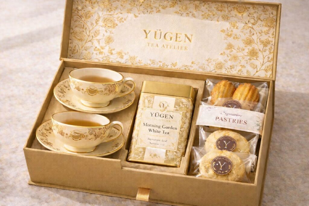 Yūgen Tea Atelier collection set featuring luxury tea packaging, porcelain teacups, and pastries in a gold presentation box.