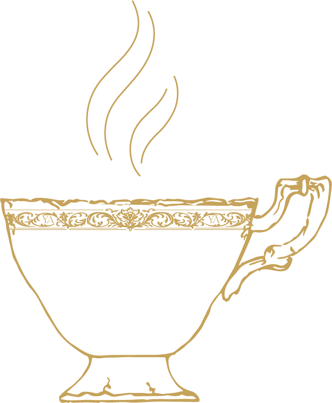 Gold line art teacup with steam, ornate luxury tea logo for Yūgen Tea Atelier.