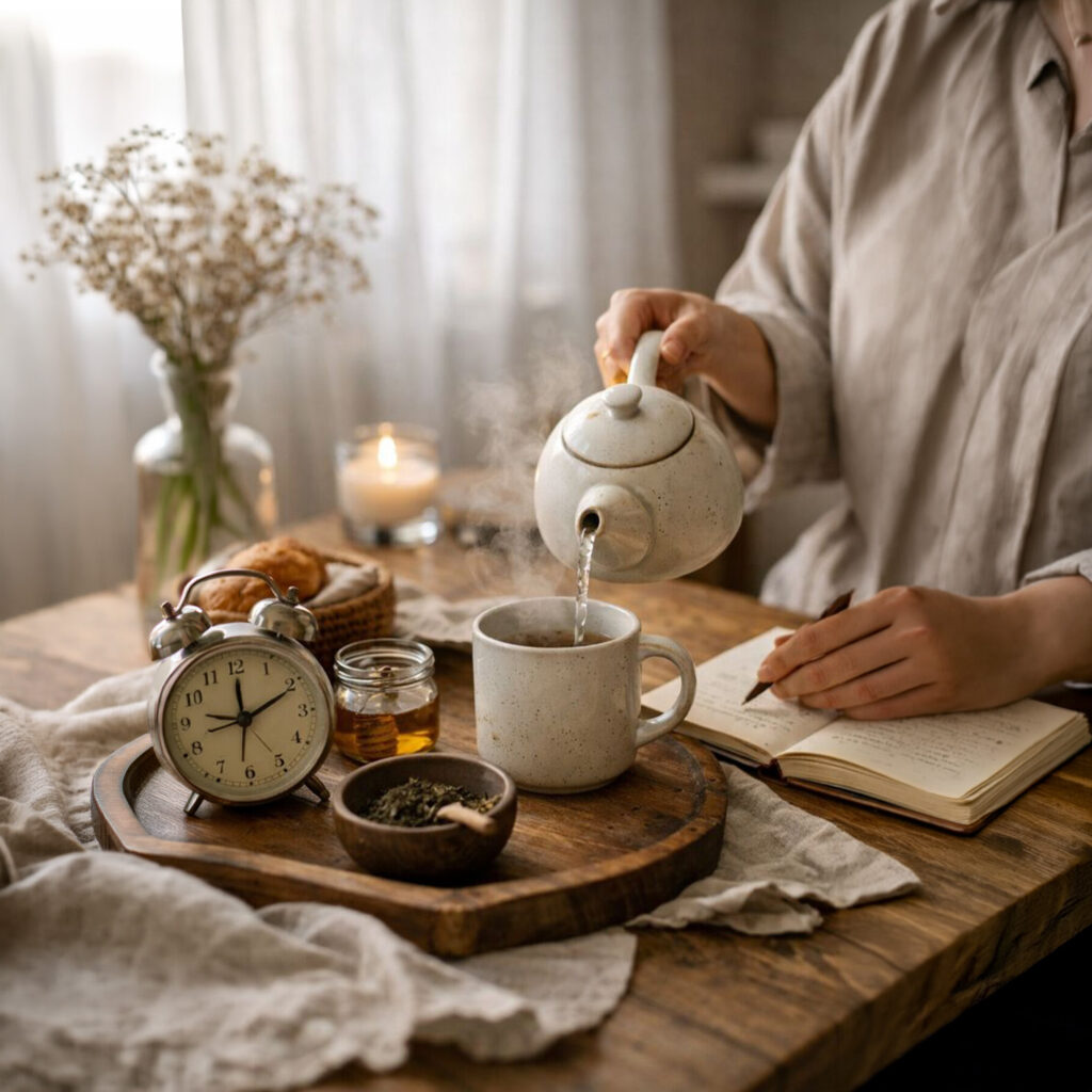 Person pouring tea into ceramic mug on wooden table with candle, honey jar, and notebook, creating a calm morning ritual scene.