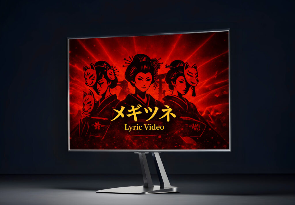 Lyric video design displayed on a screen featuring red Japanese-inspired artwork with stylized figures and bold typography