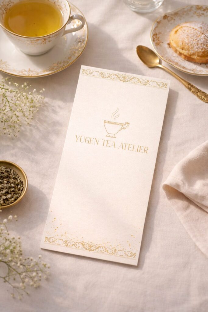 Main menu design for Yūgen Tea Atelier featuring a refined layout with gold detailing and elegant typography.