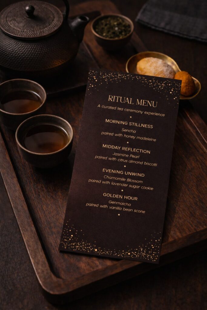 Yūgen Tea Atelier ritual menu design displayed with teaware, featuring a curated tea ceremony experience.