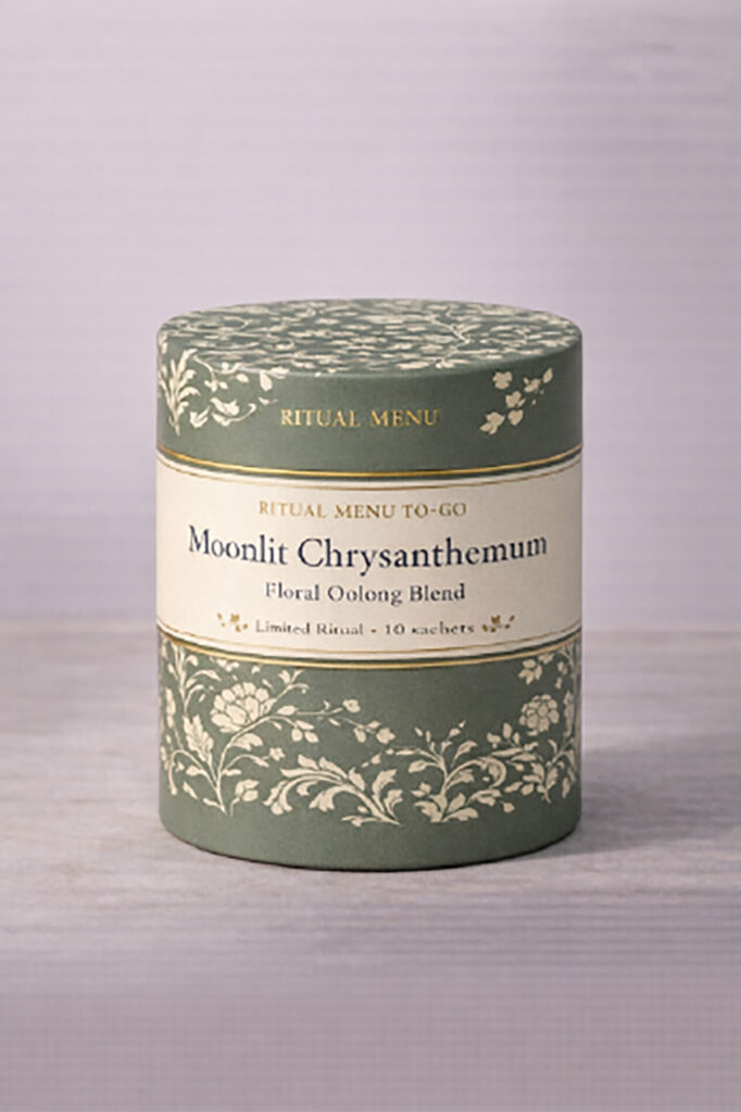 Tea container packaging for Yūgen Tea Atelier featuring Moonlit Chrysanthemum floral oolong blend in a decorative green tin.