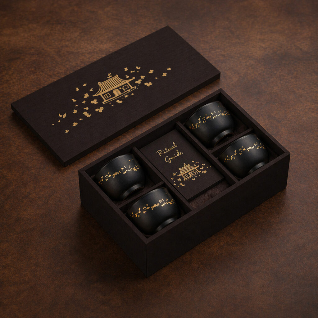 Luxury tea ritual set with black ceramic cups and gold detailing in a dark wooden box with engraved lid and ritual guide.