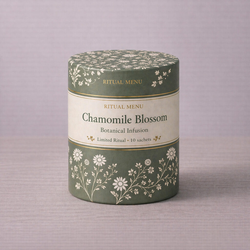Chamomile Blossom tea tin with green floral pattern, gold accents, and botanical infusion label for luxury tea packaging.