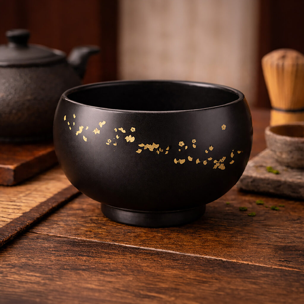 Black ceramic tea bowl with gold detailing on wooden surface, styled with teapot and matcha tools in a refined tea ritual setting.