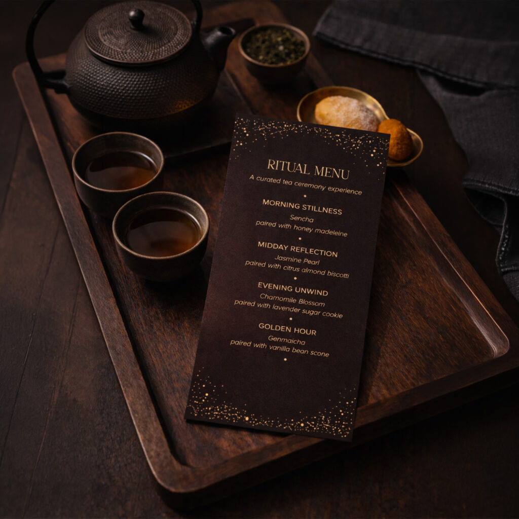 Luxury tea ritual menu with gold typography on dark background, displayed with teapot, cups, and pastries on wooden tray.