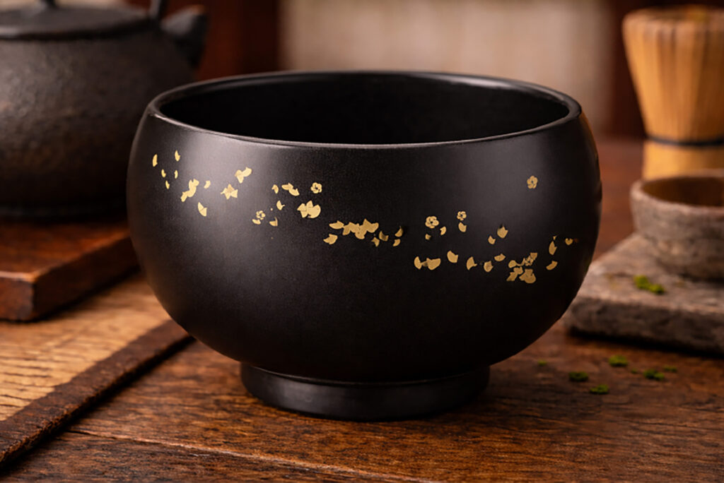 Yūgen Tea Atelier ritual teacup featuring a matte black finish with gold detailing on a wooden surface.