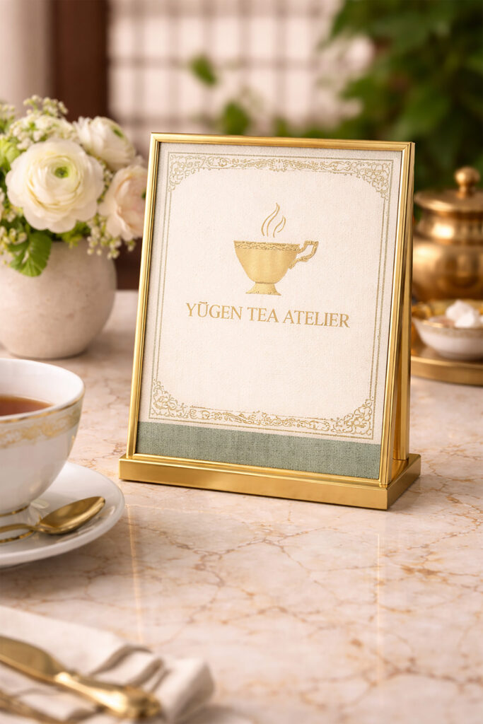 Table sign design for Yūgen Tea Atelier featuring elegant branding displayed in a gold frame on a tea setting.