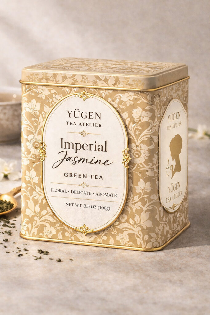 Tea container packaging for Yūgen Tea Atelier featuring Imperial Jasmine green tea in an ornate gold tin.