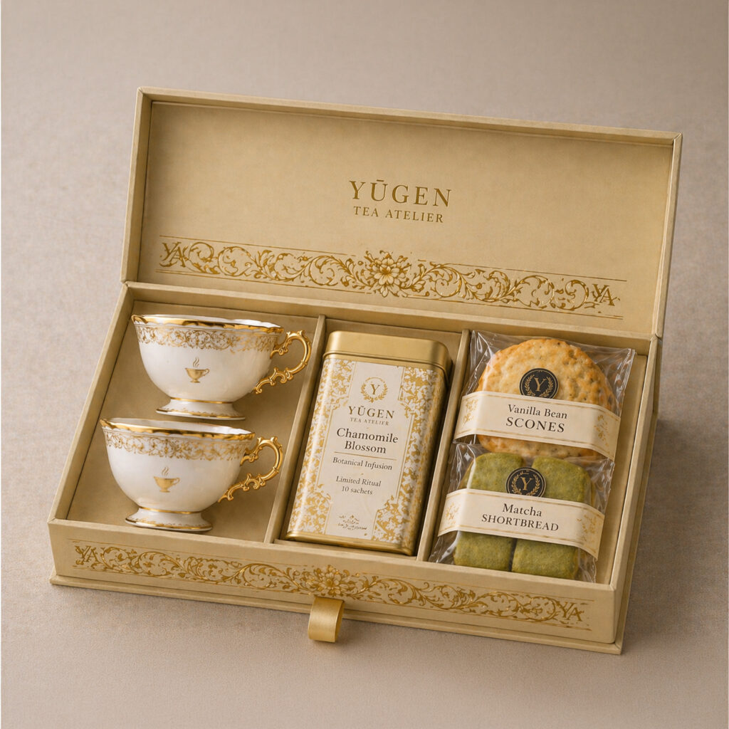 Luxury tea gift set with porcelain teacups, chamomile tea tin, and pastries in elegant gold packaging box.
