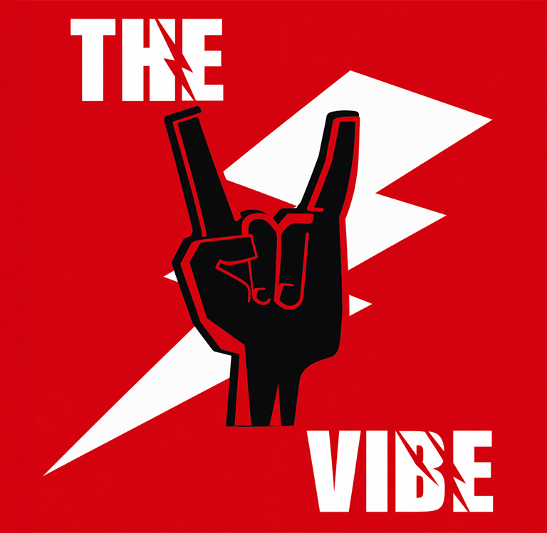 Bold red graphic poster with hand gesture rock sign and lightning bolt, featuring modern typography reading “The Vibe.”