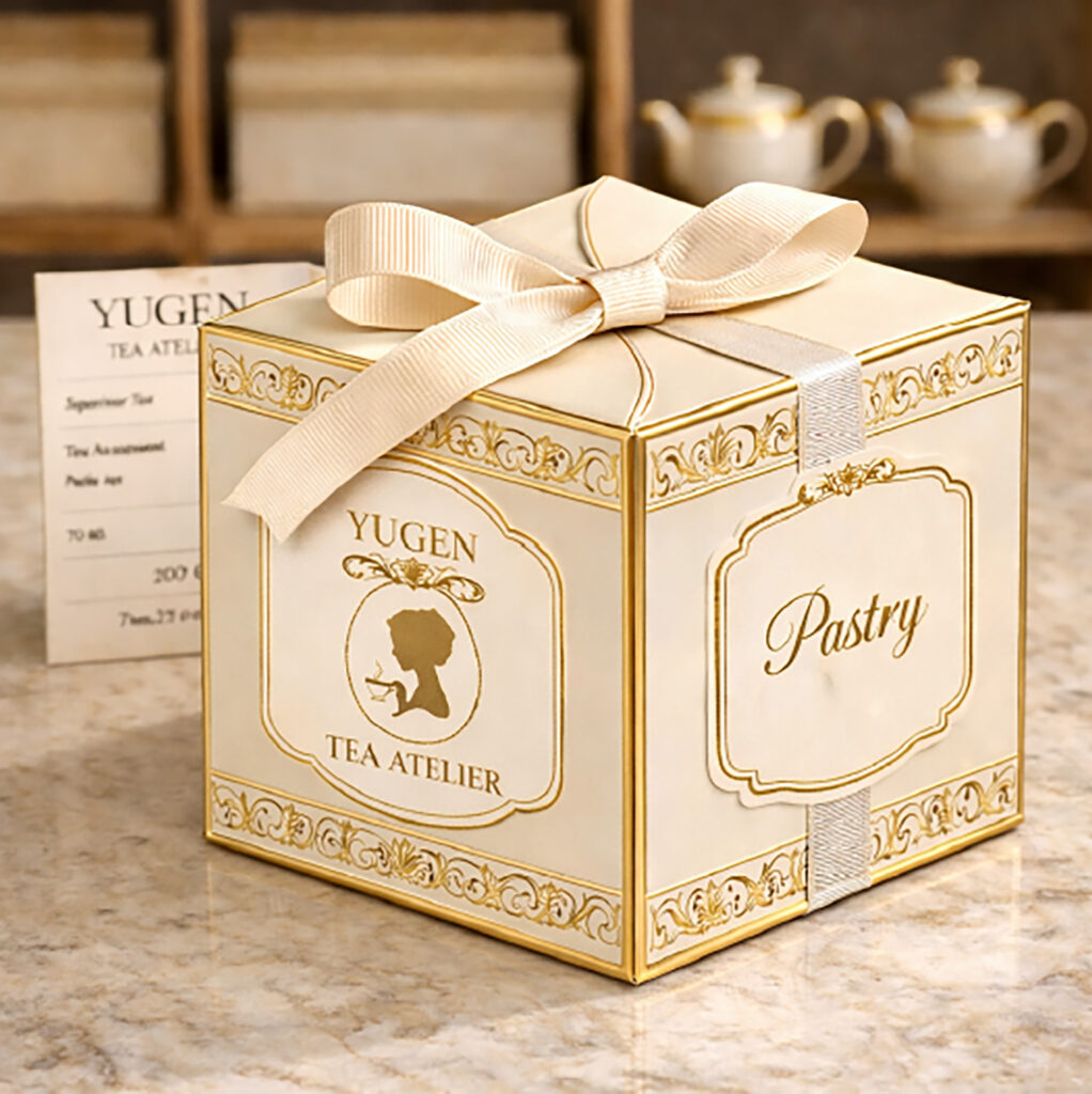 Yūgen Tea Atelier pastry to-go packaging featuring a luxury gift box with gold detailing and ribbon.