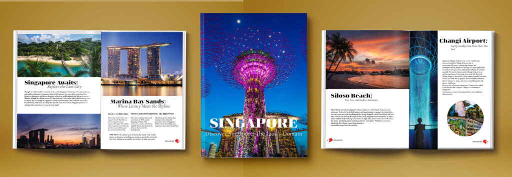 Travel magazine layout featuring Singapore with cover and interior spreads showcasing destinations and city landmarks
