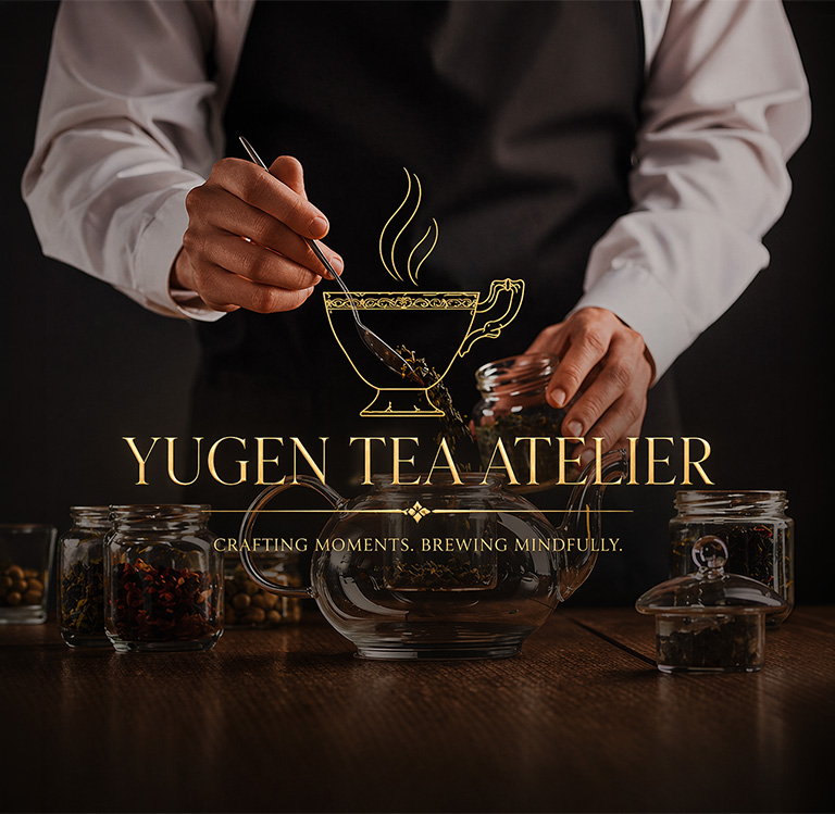 Yūgen Tea Atelier branding image showing tea being prepared with loose leaves, glass teapot, and elegant gold logo overlay.